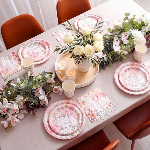 FillTouch 350 Pcs Baby in Bloom Baby Shower Party Plates Napkins a Sweet Is on The Way Paper Cups with Clear Knives Fork Spoon for Pink Bow Flower Disposable Birthday Tableware for 50 Guests - Image 5