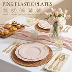 WDF 100pcs Pink Plastic Plates - High-end Baroque Design - Pink and Gold Plates - Including 50 Disposable Plate 10.25inch, 50Salad Plate 7.5inch for Wedding/Baby Shower/Spring/Birthday - Image 2