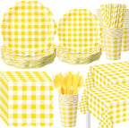 Funnymoom 452 Pcs Yellow Gingham Party Supplies for 50, Yellow and White Gingham Checkered Paper Plates Napkins Cups Tablecloth Cutlery Straws for Birthday Family Picnic Barbecue Party Decoration by Funnymoom
