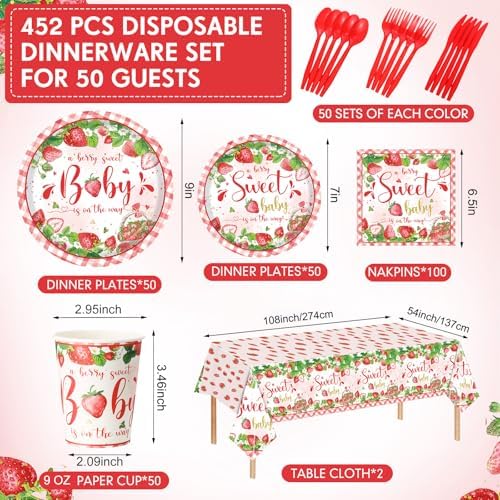 Funnymoom 452 Pcs Strawberry Baby Shower Decorations Party Supplies Strawberry Paper Plates Napkins Cups Tablecloth Cutlery Straws Tableware for a Berry Sweet Baby Is on the Way Decorations - Image 3