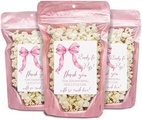 Pink Bow Baby Shower Popcorn Stickers and Bags, 30 Sets by SOAP+SAVANT