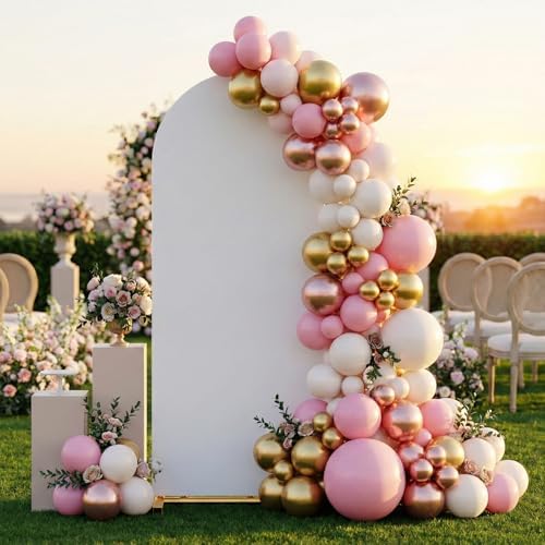 Arch Backdrop Stand and Cover Set, 6.6 x 3.3FT Gold Metal Wedding Arch for Ceremony, Heavy Duty Balloon Arch Stand with White Spandex Cover for Birthday Party, Baby Shower, Graduation, Event Decor - Image 2