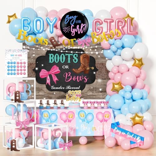 Hombae Boots or Bows Gender Reveal Decorations Kit, Cowboy or Cowgirl Gender Reveal Party Supplies with Balloons, Banner, Backdrop, Western Themed He or She Baby Shower Decor by Hombae