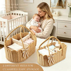 2pcs Rattella Premium Scalloped Rattan Baby Diaper Caddy Organizer 16.14*10*7.2/13.9*8*6in Handwoven Wicker Nursery Storage Basket with Removable Divider & Gift Bow - Boho Baby Registry (Khaki 2) - Image 3