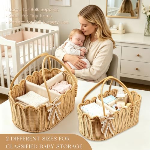 2pcs Rattella Premium Scalloped Rattan Baby Diaper Caddy Organizer 16.14*10*7.2/13.9*8*6in Handwoven Wicker Nursery Storage Basket with Removable Divider & Gift Bow - Boho Baby Registry (Khaki 2) - Image 3