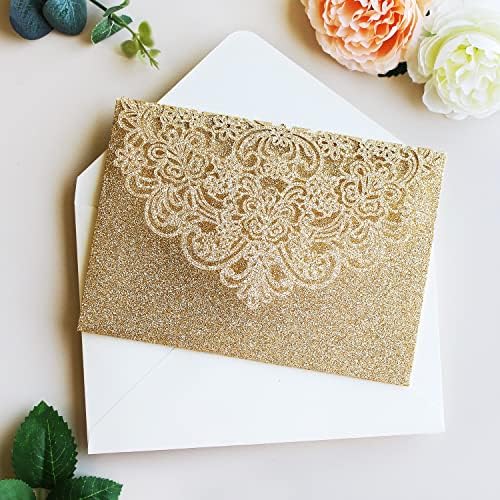 Hosmsua 50PCS Gold Glitter Laser Cut Invitation Pocket, 5.12 x 7.2 Laser Cut Lace Flora Wedding Invitation Pockets with Envelopes for Wedding Engagement Quinceanera Invite (No Inner Sheet) - Image 6