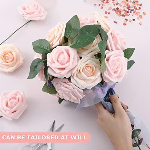 100 Pcs Artificial Rose Flowers, Pink, Champagne - Image 3