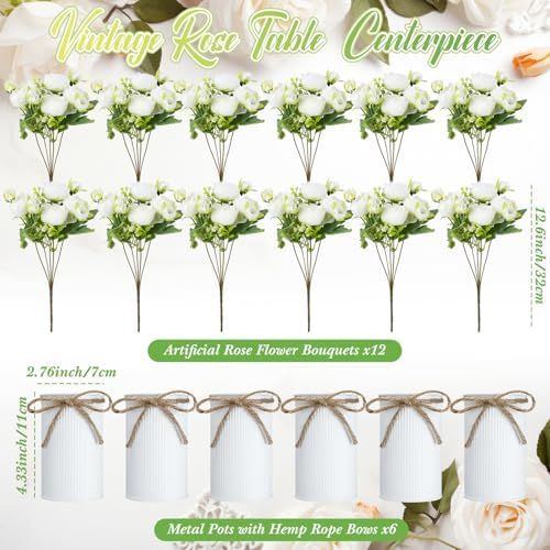 6 Sets Artificial Peonies Flower Peony Bouquet with Galvanized Metal Pot Silk Fake Peonies Faux Flower Arrangements for Wedding Table Centerpiece Party Home Room (White) - Image 2