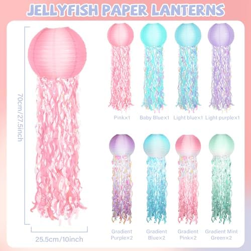 12Set 10" LED Jelly Fish Paper Lanterns 8 Color Jellyfish Mermaid Party Decor Pink Pastel Hanging Jellyfish Mermaid Decor Under The Sea Paper Lantern Lamp for Ocean Birthday Girl Baby Shower Baby Room - Image 2