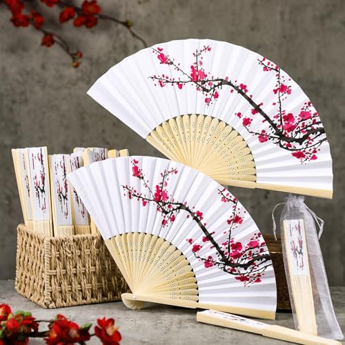 Roowest 50 Pcs Cherry Blossom Hand Paper Fans Chinoiserie Favor Kit Folding Chinese Japanese Retro Hand Fans with Organza Bag Summer Wedding Party Supplies Bridal Shower Gifts for Guests - Image 4