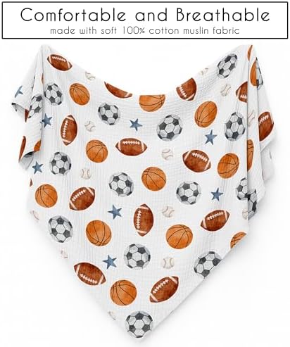 Sweet Jojo Designs Baby Muslin Swaddle Blankets (Sports Theme) - 47x47 for Newborn Boys Nursery, Lightweight 100% Cotton Blanket (Watercolor Vintage Sport Themed, Soccer, Football Baseball Basketball) - Image 5
