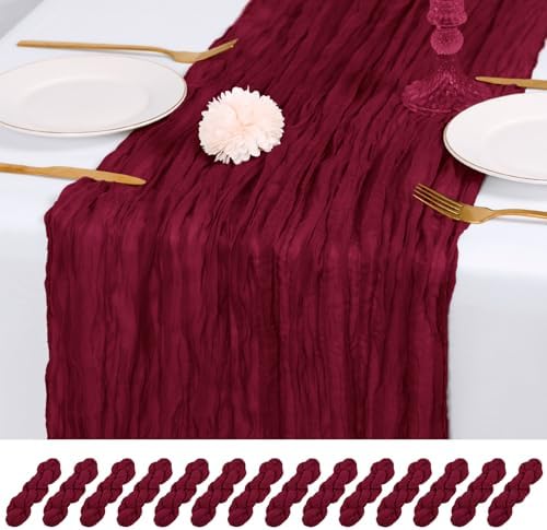 14 Pack Burgundy Cheesecloth Table Runner 17x108 Inch Semi Sheer Boho Gauze Cheese Cloth Fabric Table Runners, for Wedding Party Baby Shower Birthday Home Decor Garden Farmhouse by Unknown