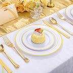 WELLIFE Gold Disposable Dinnerware Set for 100 Guests - 600PC BPA-Free Plastic Plates & Cutlery Kit with 100 Dinner Plates, Salad Plates, Forks, Knives, Spoons & Cups for Party, Catering (Heavy-Duty) - Image 2