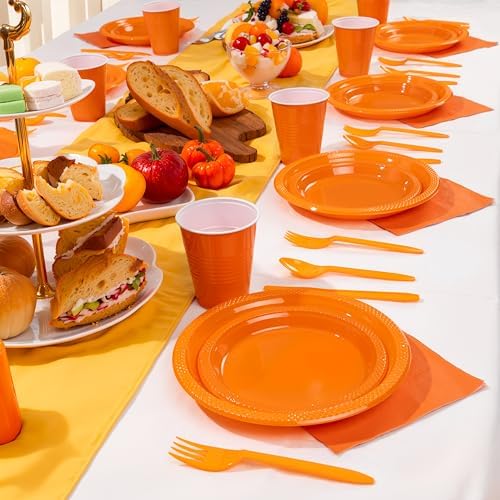MirthMood 350PCS Orange Plastic Plates,Orange Disposable Plates Set - Image 7