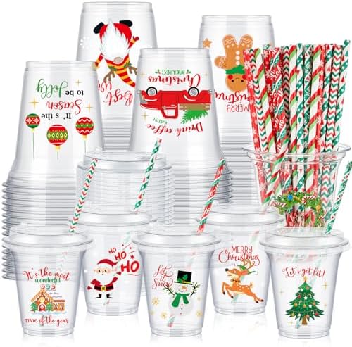 FoldTier 60 Set Christmas Cups 14 oz with Lids Straws Red Green by FoldTier