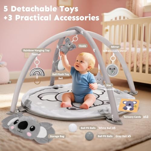 7-in-1 XL Large Baby Play Gym Mat, Tummy Time Mat, Baby Gym & Ball Pit, Baby Activity Mat with Milestone Cards & 6 Detachable Toys for Sensory Motor Skill, Grey Koala - Image 3