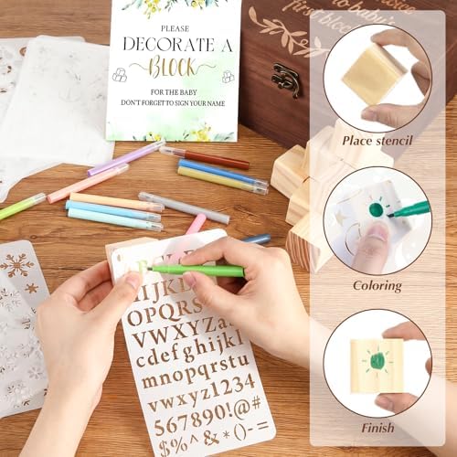 115 Pcs Baby Shower Decorate a Block Game Kit 90 Wooden Baby Blocks 1.38" X 1.38" with 25 Pages/500 Pcs Stencils 36 Colorful Markers Keepsake Storage Box for Game Sign Wedding Party Decoration - Image 5