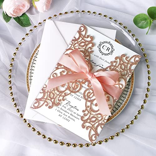 ponatia 25PCS 5.12 x 7.1 '' Rose Gold Glitter Laser Cut Wedding Invitations Cards with Envelopes for 5x7 Invitation Cards Wedding Baby Bridal Shower Engagement Sweet 16 Birthday Invite - Image 3