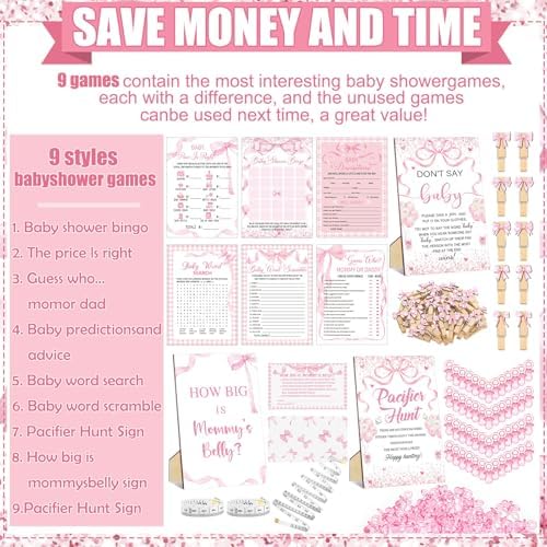 Sherr 476 Pcs Pink Bow Baby Shower Games Bundle 6 Sets, Activity Cards Tape - Image 4
