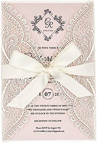 25-Pack White Lace Laser Cut Wedding Invitation with RSVP Cards, Blush Pink Shimmer Invitation Cards for Wedding/Sweet Sixteen/Bridal Shower/Birthday Party - Image 6