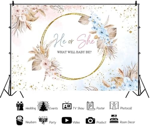 9x6ft Boho Gender Reveal Backdrop Boy or Girl Boho Flowers Gold Spots Photography Background He or She Reveal Party Cake Table Banner Decorations Supplies Photo Studio Props - Image 2