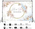 20x10ft Boho Gender Reveal Backdrop Boy or Girl Boho Flowers Gold Spots Photography Background He or She Reveal Party Cake Table Banner Decorations Supplies Photo Studio Props - Image 2