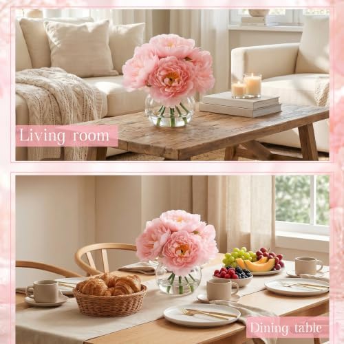 Zeyune 2 Pack Pink Peonies Faux Flowers in Vase, Silk with Faux Water - Image 4
