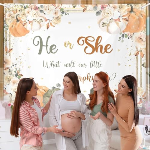AIBIIN Fall Pumpkin Gender Reveal Backdrop He or She What Will Our Little Pumpkin Be Party Banner Pumpkin Floral Gender Reveal Party Supplies 8x6ft - Image 5