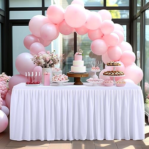 Wish Care White Polyester Table Clothes for 4 Foot Rectangle Tables, Wrinkle Free Fitted Table Cover with Pleated Ruffle Table Skirt for Birthday Party Wedding Trade Show Event Display - Image 2