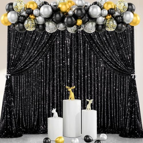 Black Backdrop Curtains 2 Pcs 5FTx10FT Sequin Party Curtains Seamless Background for Parties Halloween Decoration - Image 3