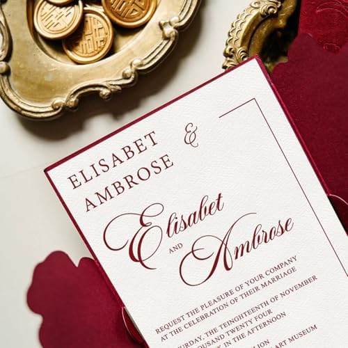 Burgundy Velvet Wedding Invitations, Elegant Flower Laser Cut Invitation with QR Code, Luxury Gold Wax Seals, Customizable Tri Fold Invitations Card (25pcs Blank Invitation) - Image 5