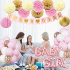 Baby Shower Decorations for Girl - Pink Gender Reveal Party Favors with Fringe Curtain,Its a Girl Banner, Baby Girl Letter,Tissue Paper Pom Poms, Pink Gold Confetti Balloons, Paper Lanterns - Image 6