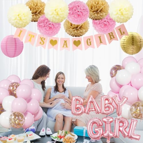 Baby Shower Decorations for Girl - Pink Gender Reveal Party Favors with Fringe Curtain,Its a Girl Banner, Baby Girl Letter,Tissue Paper Pom Poms, Pink Gold Confetti Balloons, Paper Lanterns - Image 6