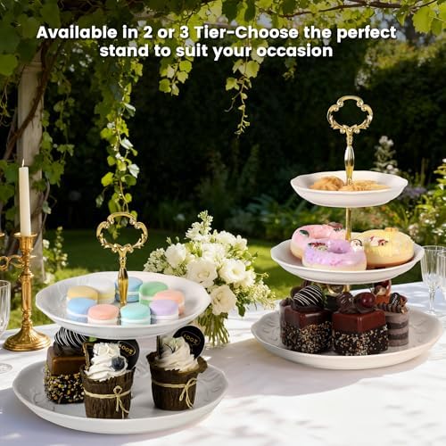 2PCS Cupcake Stand, 3 & 2 Tier Dessert Stands, Round Embossed Dessert Table Display Set White Porcelain Tiered Tray Cake Stand For Weddings,Birthday, Baby Shower And Home Decorating Serving Tray - Image 4