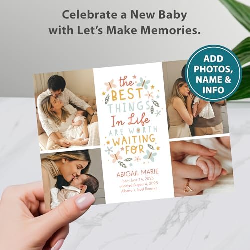 Let's Make Memories Personalized Baby Announcement Cards - Birth, Adoption - Boy, Girl - Premium Quality Custom Photo Cards for Mailing - 5x7 - Includes White Envelopes - Worth The Wait - 75 ct - Image 2