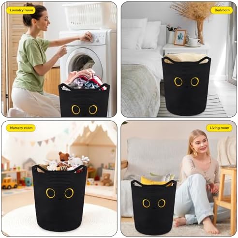 Tall Black Cat Laundry Basket for Nursery, Cute Large Woven Cotton Rope - Image 4