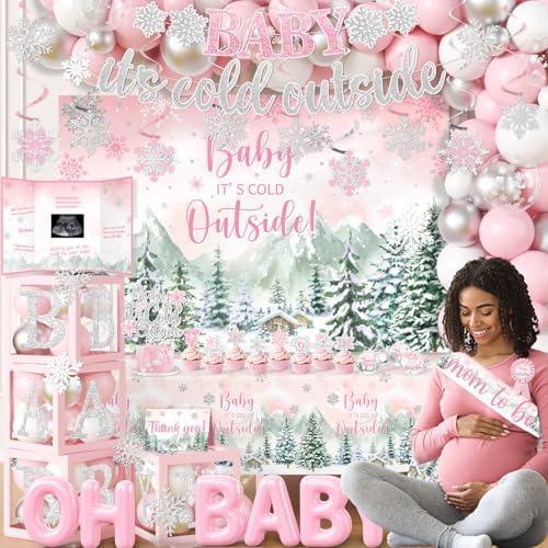 Baby It’s Cold Outside Baby Shower Decorations, Pink Winter Baby Shower Decorations for Girl Winter Woodland Tablecloth Banner Backdrop Balloon Box Cupcake Topper Hanging Swirl for Girl Gender Reveal - Image 2