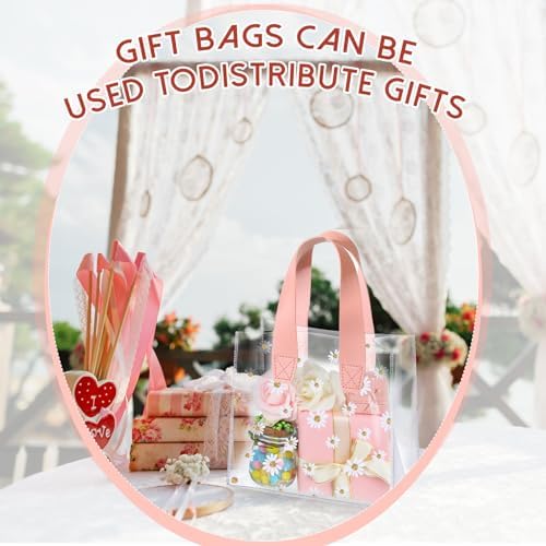 Clysee 24 Pcs Clear Gift Bags Daisy Pattern Transparent PVC Tote,Pink - Image 4