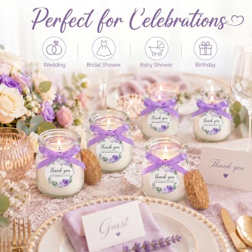 MTLEE 20 Pcs Purple Floral Wedding Candle Favors Lavender Bridal Shower Gifts for Guests Soy Wax Candles with Glass Jar Bridesmaid Proposal Gifts for Wedding Bachelorette Bridal Shower - Image 3