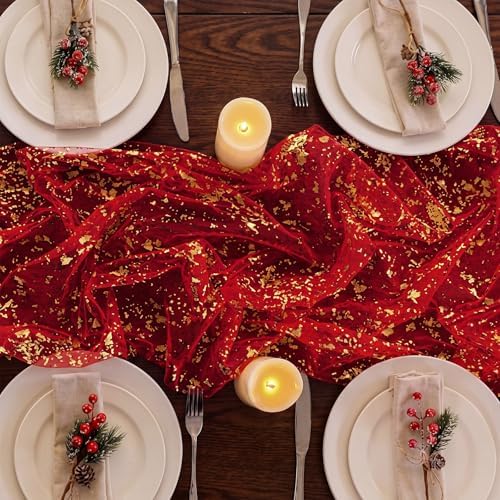 Shihanee 12 Pcs Red Gold Gauze Table Runners Sheer Cheesecloth Runner - Image 3