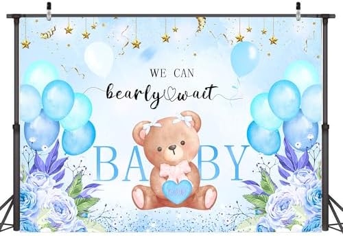We Can Bearly Wait Backdrop 10 x 8 ft Blue Boho Baby Shower Background - Image 4