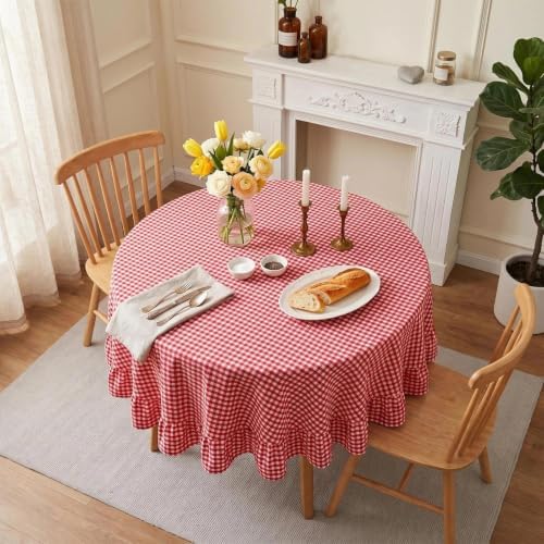 Eternal Beauty Gingham Ruffled Tablecloth Red White 90 Round Christmas Fall - Image 3