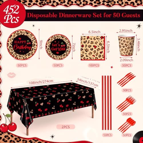 Ceenna 452 Pcs Red Cheetah Print Birthday Party Decorations for 50, Cheetah and Cherry Print Plates Napkins Cup Tablecloth Cutlery Straw Leopard Disposable Tableware for Women Y2K Night Party Supplies - Image 3