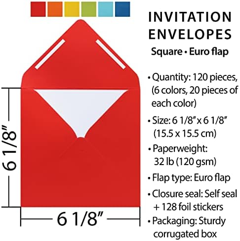 Pack of 120 Square 6-1/8” x 6-1/8” Self-Seal Envelopes for Wedding, Baby Shower, Party Invitations, Christmas, Greeting Cards, Announcements, Photos, CD/DVD Paper Sleeves (Assorted) - Image 2