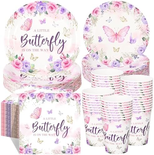 Ziliny 250 Pcs Butterfly Baby Shower Party Tableware Set a Little Butterfly Is on the Way Baby Shower Decorations Pink Purple Floral Paper Plates Napkins and Cups for 50 Guest(Cute Style) by Ziliny