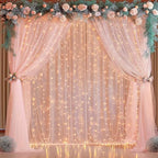30x10ft Peach Tulle Backdrop Curtain with Lights String for Parites, Sheer Backdrop Curtains for Wedding Baby Shower Birthday Party Photo Shoot Decorations by Partisky