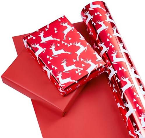 WRAPAHOLIC 30 Inch Jumbo Reversible Red Christmas Wrapping Paper - 30 Inch x 100 Feet Jumbo Roll Reindeer Wrapping Paper and Solid Red Design with Metallic Foil Shine for Christmas, Holiday, Party - Image 2