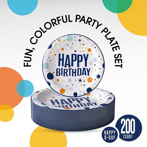 Party Solids Blue Happy Birthday Plates Paper Plates Disposable Heavy Duty 200 Pcs - 100-7 & 100-9 Disposable Plates for Party Heavy Duty 350 GSM for Birthday Supplies - Image 2
