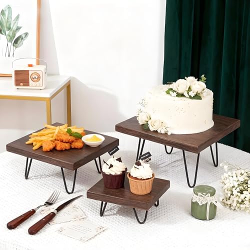 3 Pcs Buffet Risers, Wood Square Food Riser Dessert Table Display Stand Set for Party Wood Cupcake Stands Nesting Table for Home Decor (Square, walnut) - Image 4