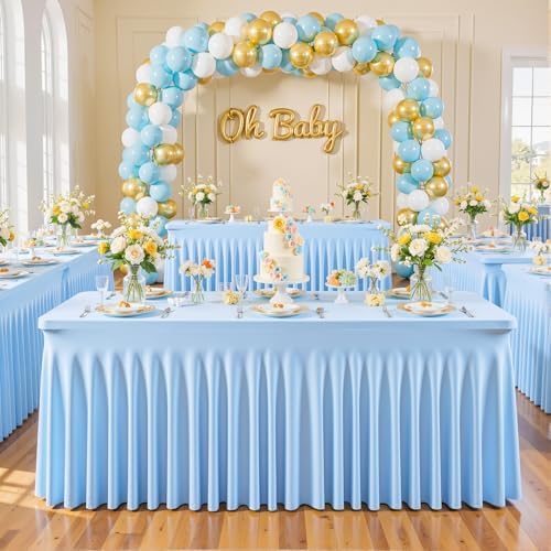 6 Pack Baby Blue Spandex Tablecloths for Rectangle Tables 6 Foot Blue Stretch Table Cloth Rectangle 6ft Elastic Fitted Table Cover with Skirt for Wedding Baby Shower Boy Birthday Party Banquet Buffet - Image 3